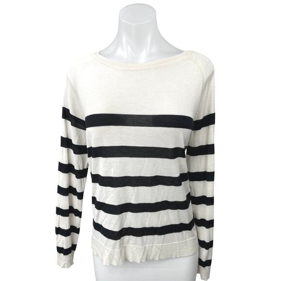 Zara White Black White Striped Knit Boat Neck Long Sleeve Pullover Sweater Top L - Picture 1 of 4